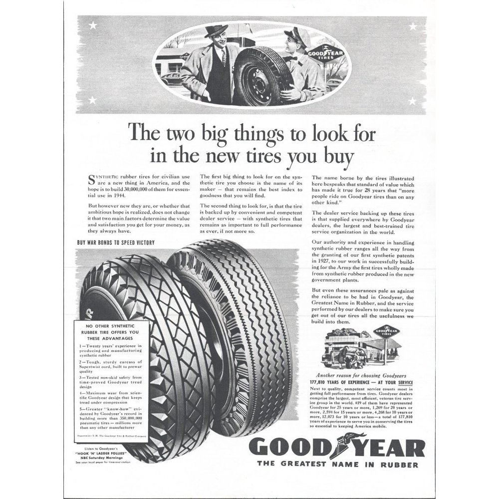 1944 Goodyear Synthetic Rubber Tires Vintage Print Ad WW2 War Bonds Wall Art 40s
